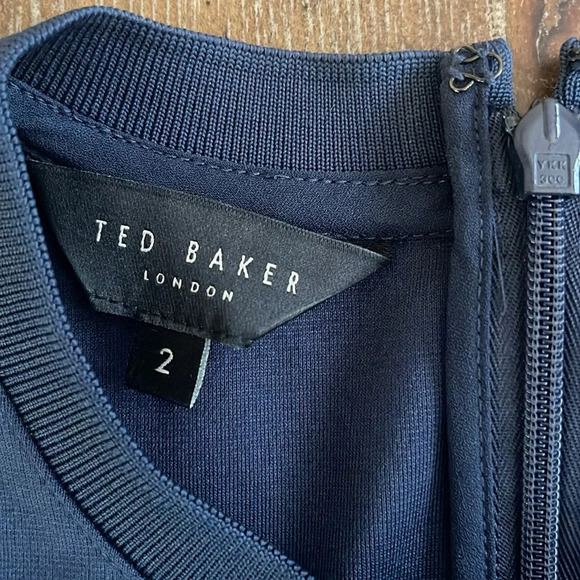 Ted Baker Dress Women’s 2 Chic Floral Midi Flare Puff Sleeve Navy Wedding Guest - Picture 9 of 13